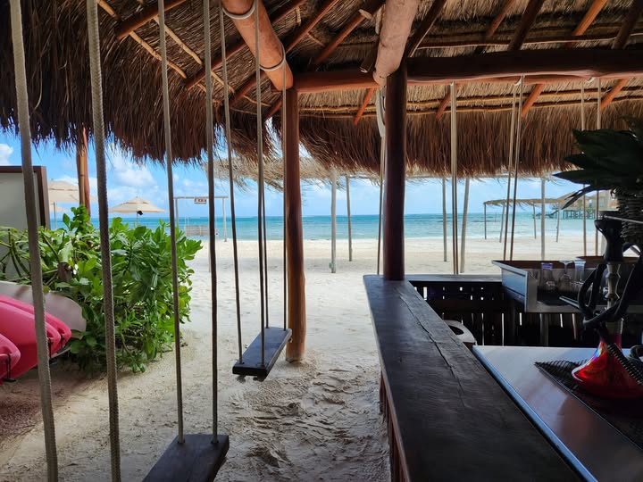 Bar-side swings on the beach at adult-only El Dorado Maroma resort