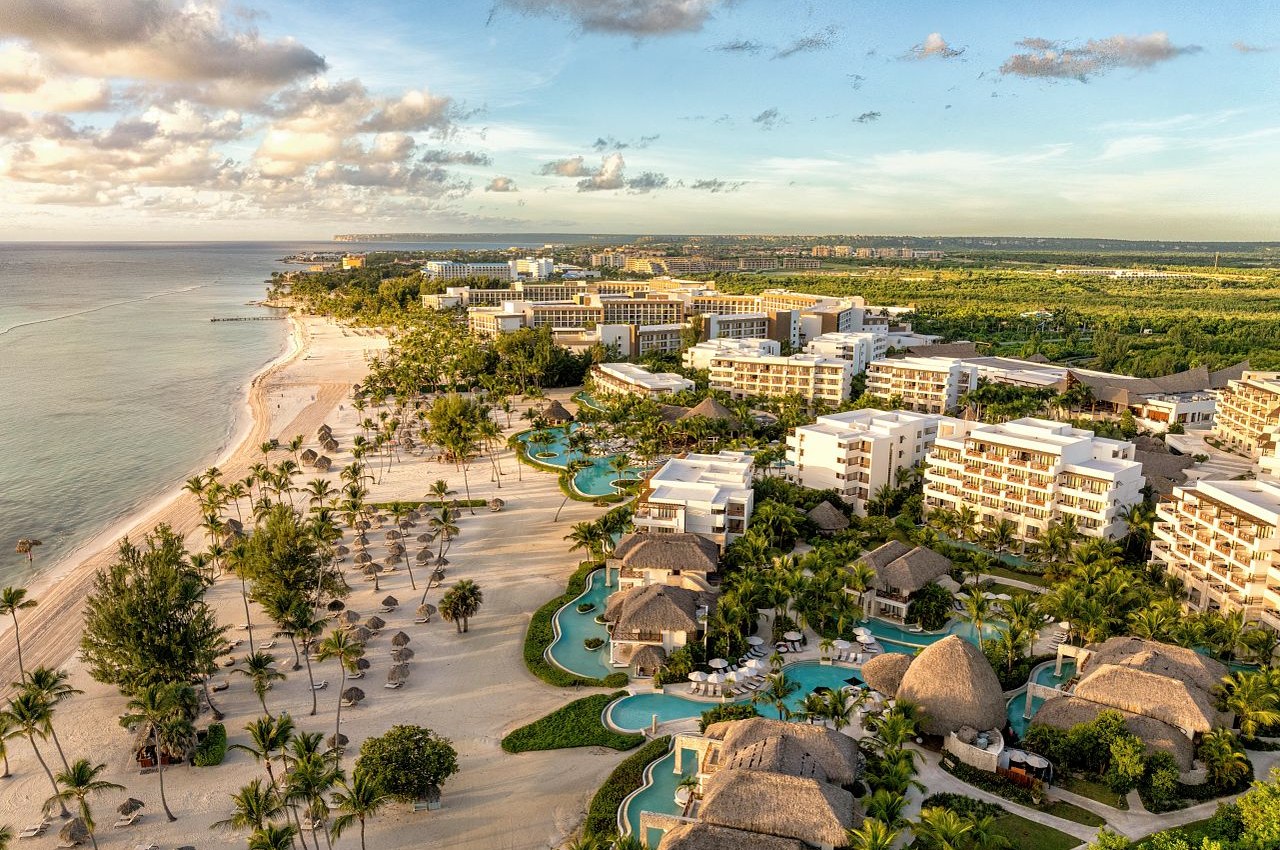 Aerial view of Secrets Cap Cana on Juanillo Beach, showing how compactly the resort and its suites are laid out