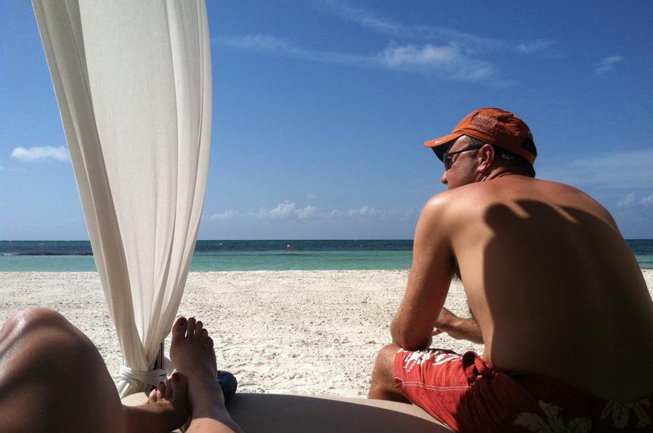 Sarah Bonsall and John on the beach at El Dorado Maroma, before the Palafitos were built