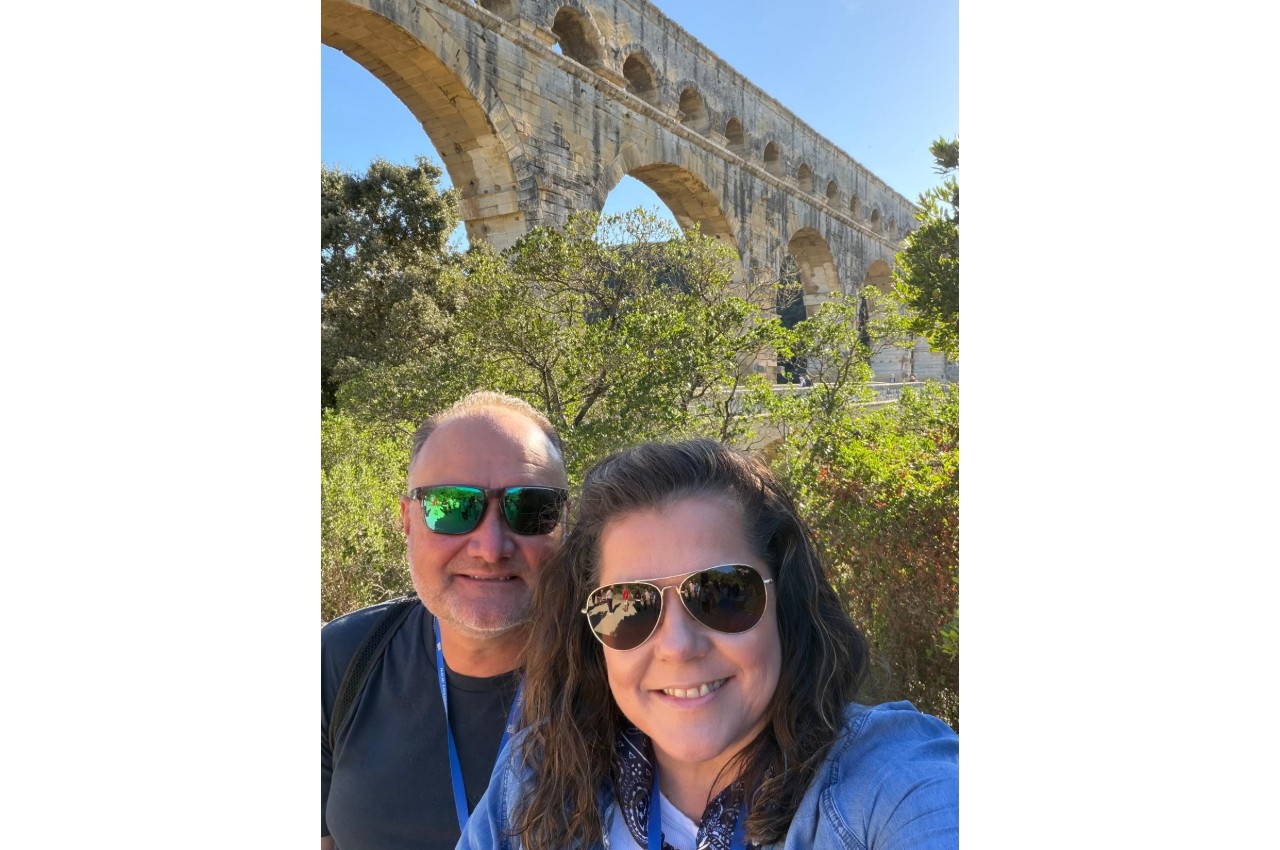 Sarah and John Bonsall at the Pont du Gard in southern France on a Mediterranean cruise