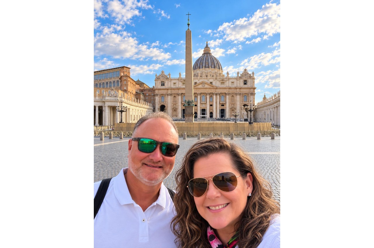 Sarah and John Bonsall in St. Peter's Square, Vatican City, at the end of a Mediterranean cruise